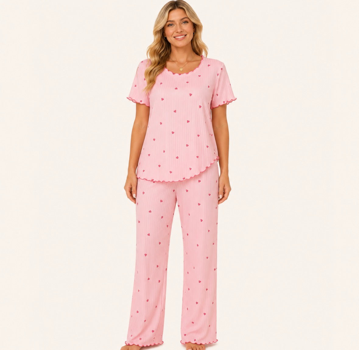 Heart Print Short Sleeve and Long Pants Pajama Set with Ruffle Detail