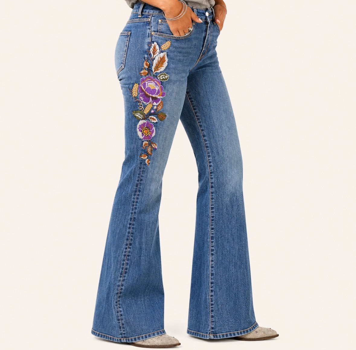 Bell-Bottom Jeans with Navy Blue Floral Embroidery