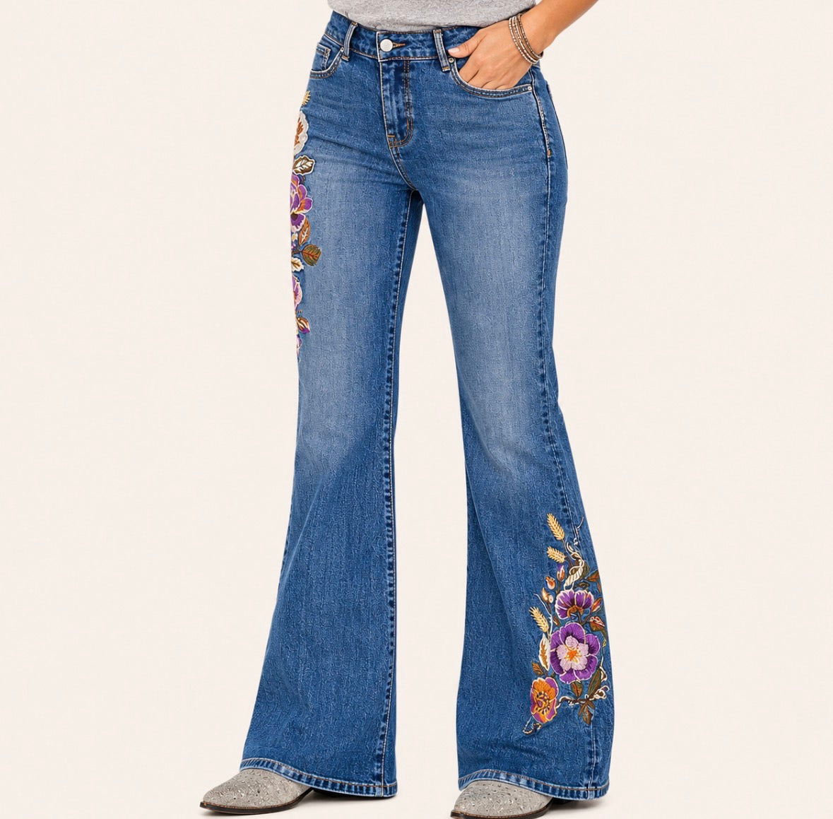 Bell-Bottom Jeans with Navy Blue Floral Embroidery