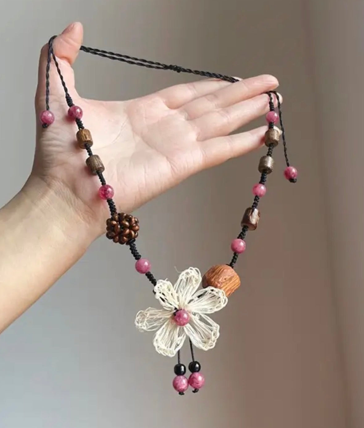 Bohemian Style Wood Bead Floral Necklace