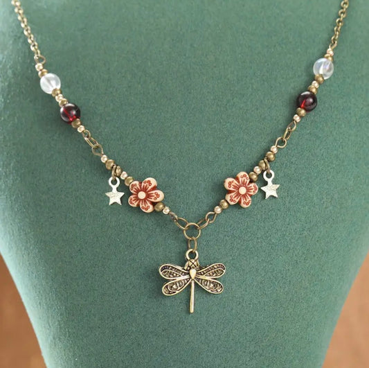 Bohemian Vintage Dragonfly with Floral Beads Necklace