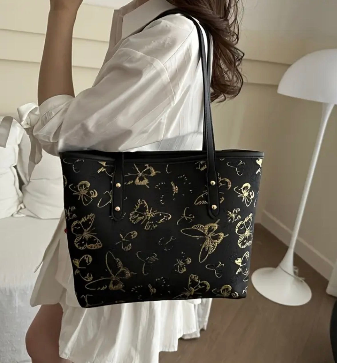 Large Tote Bag with Embroidered Butterflies