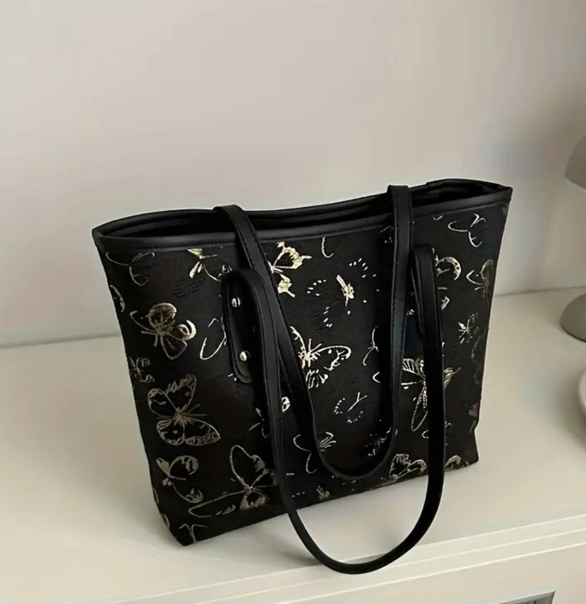 Large Tote Bag with Embroidered Butterflies