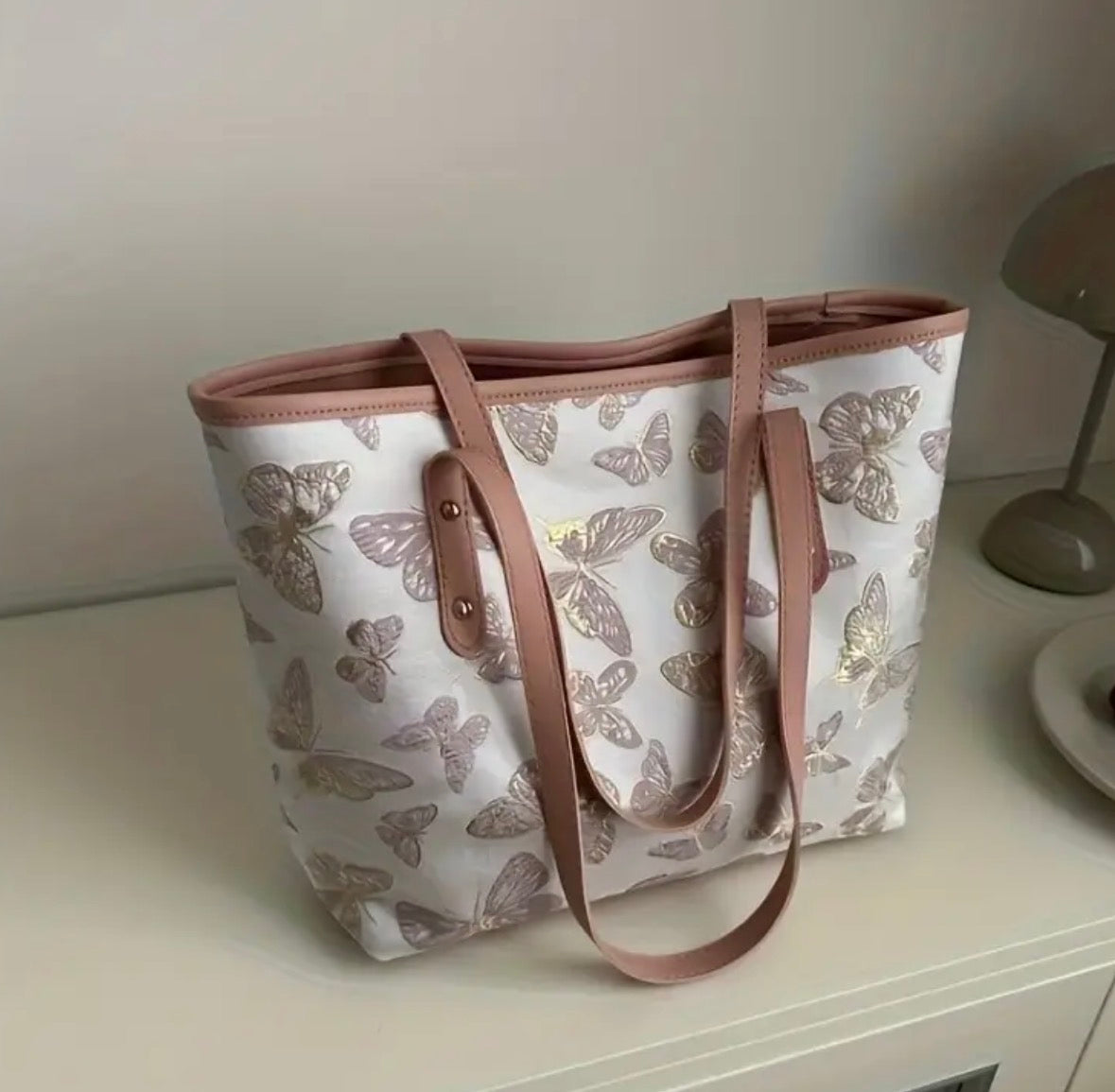 Large Tote Bag with Embroidered Butterflies