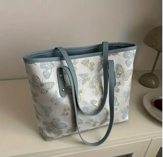 Large Tote Bag with Embroidered Butterflies