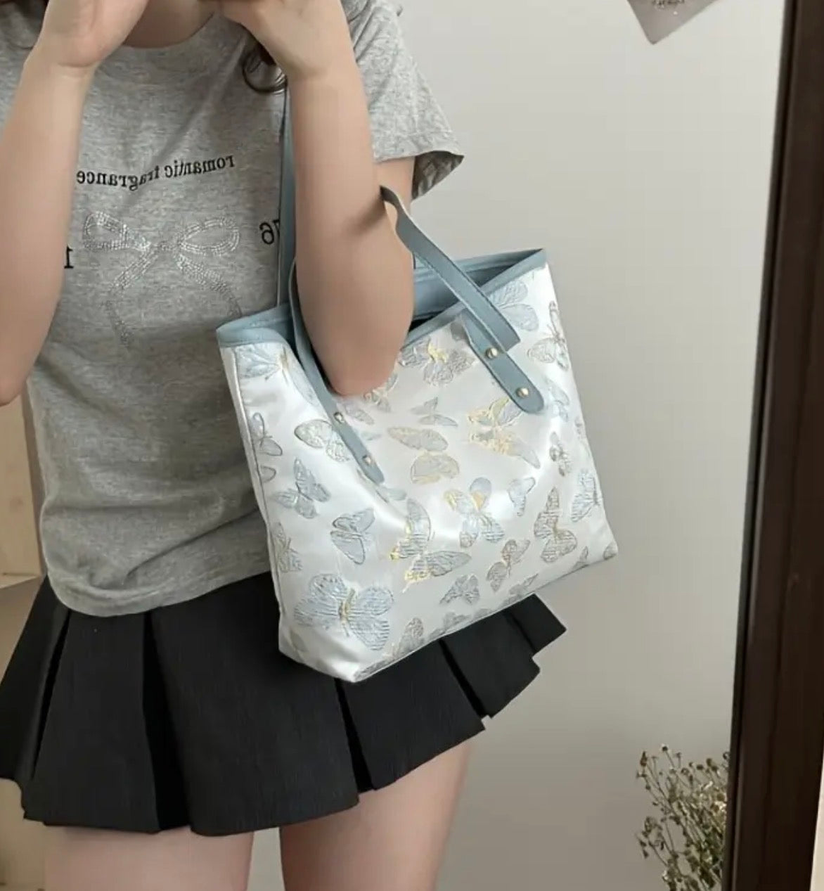 Large Tote Bag with Embroidered Butterflies