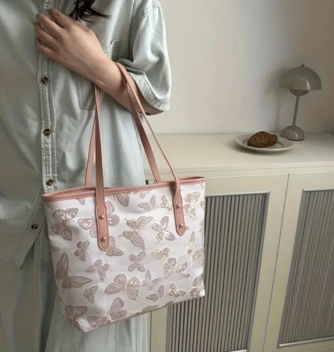 Large Tote Bag with Embroidered Butterflies