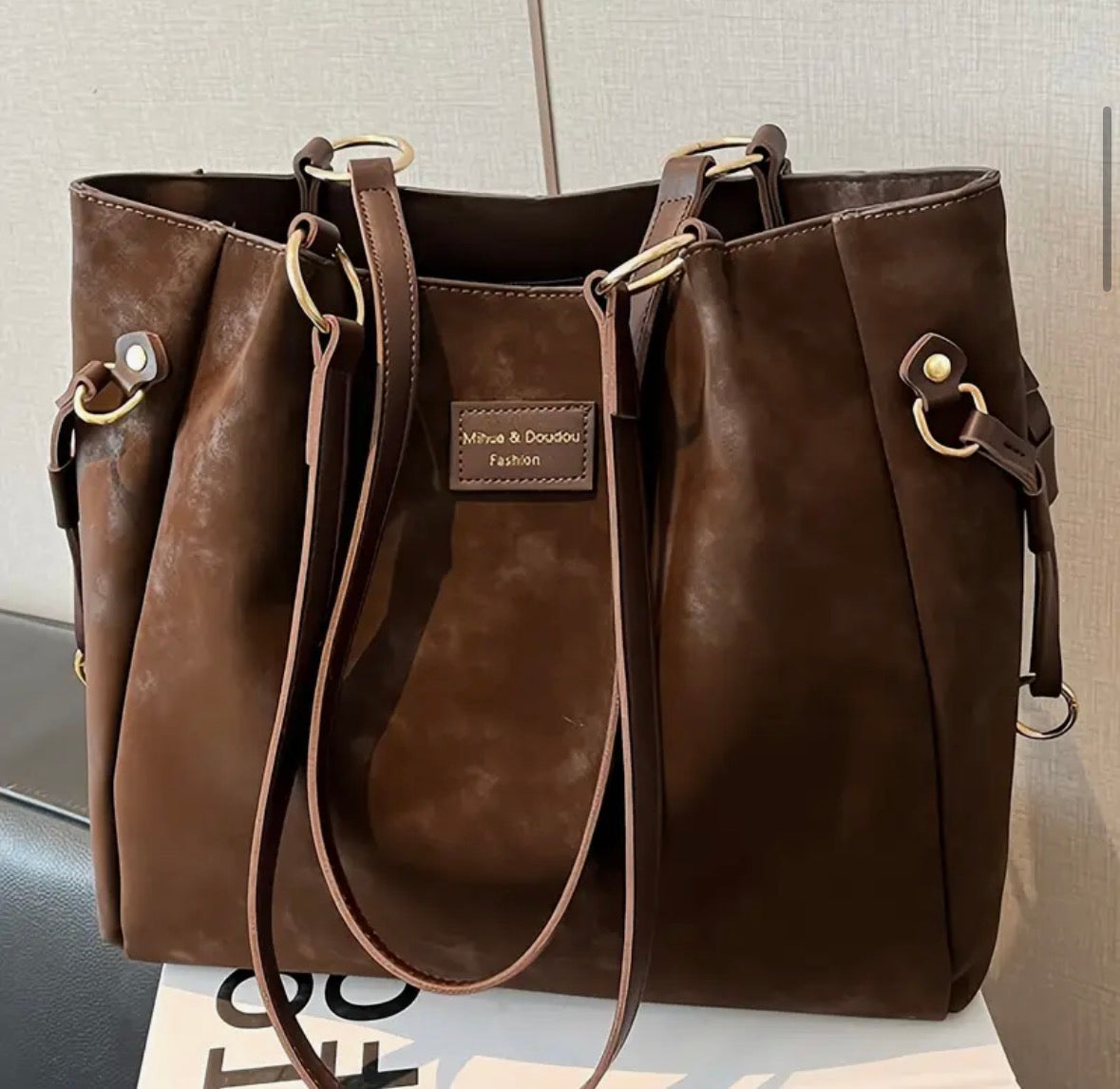 Large Faux Suede Tote Bag with Zipper Closure
