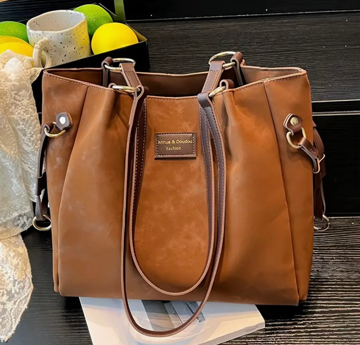 Large Faux Suede Tote Bag with Zipper Closure