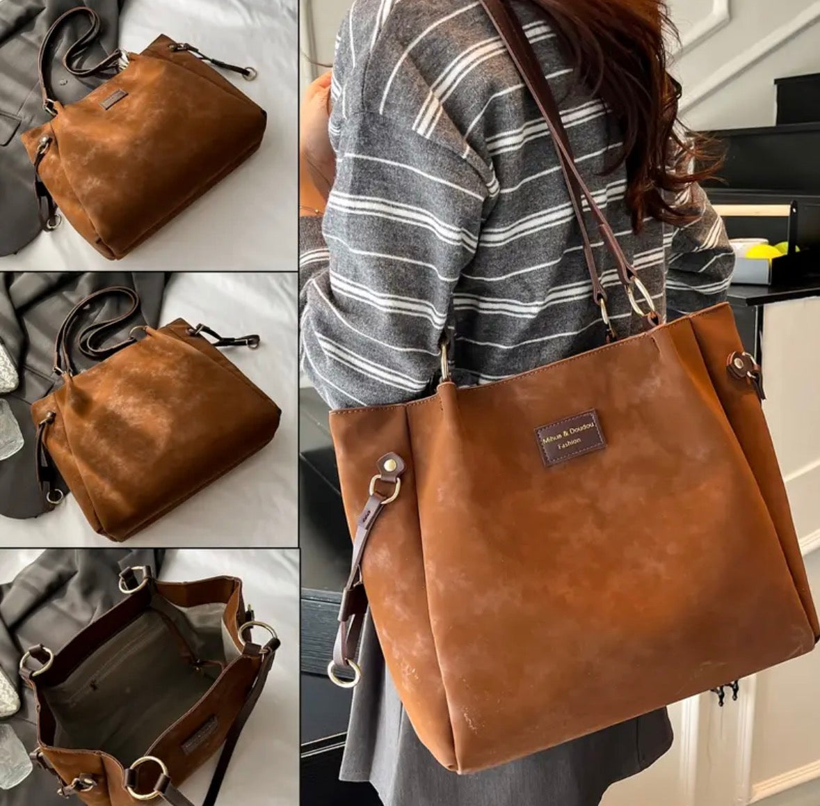 Large Faux Suede Tote Bag with Zipper Closure
