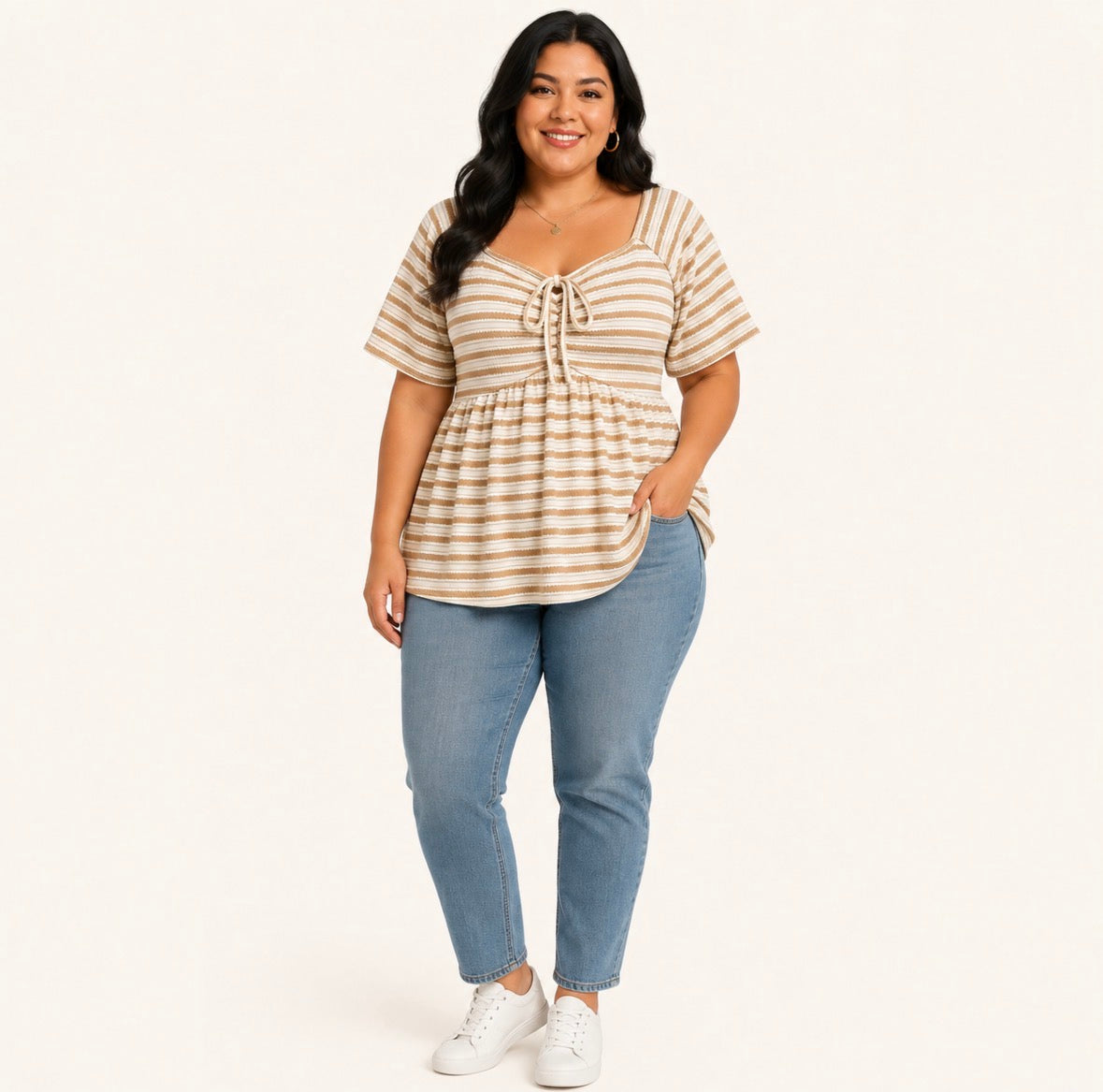 Plus Size Striped Front Tie Cinched V-neck Peplum Top