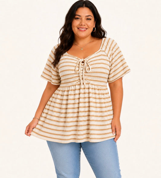 Plus Size Striped Front Tie Cinched V-neck Peplum Top