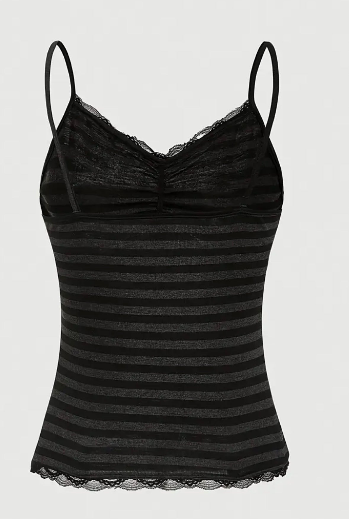 Black Striped Tank Top with Lace Trim