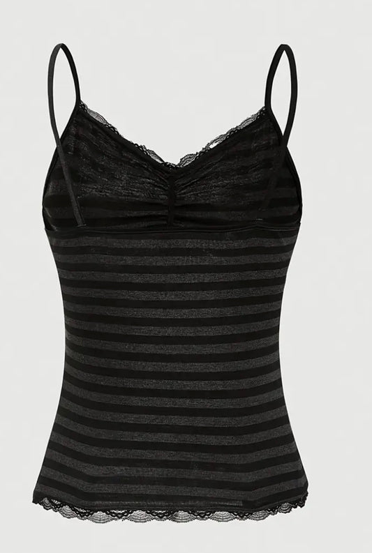Black Striped Tank Top with Lace Trim