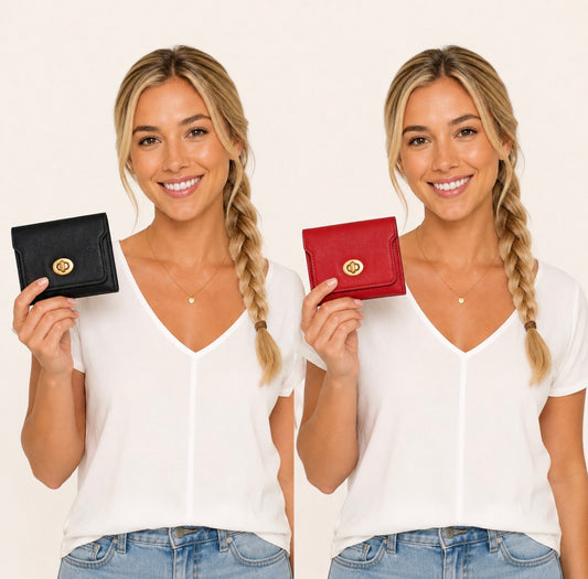 Faux-Leather Three Compact Wallet with Gold-Tone Twist Lock Closure