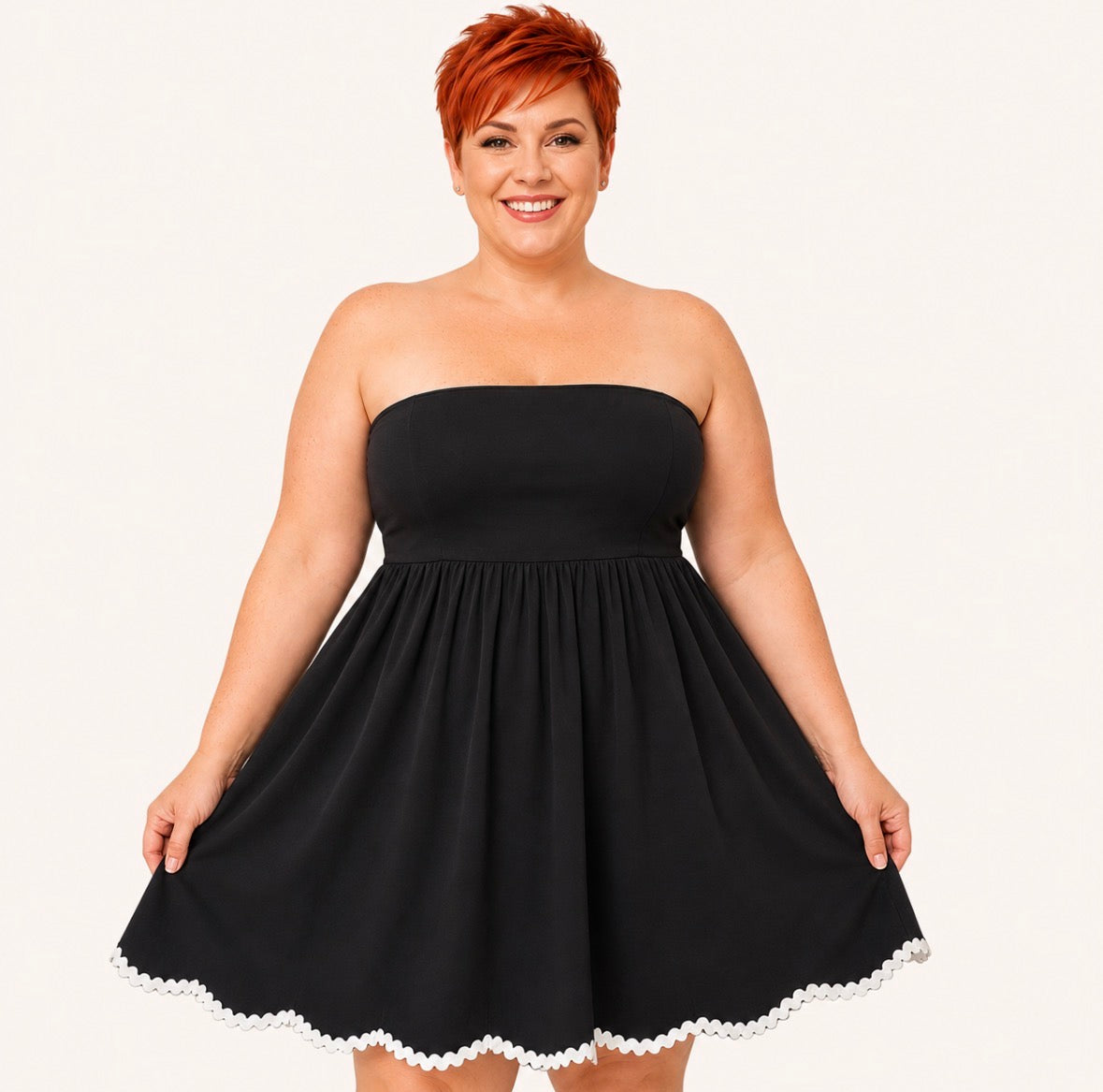 Plus Size Strapless Black Ruche Dress with a White Trim Flared Hem