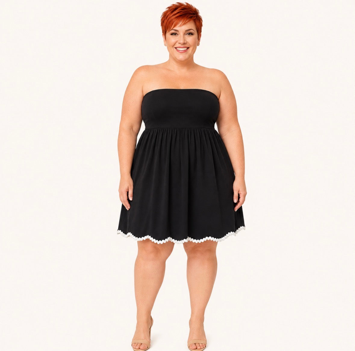 Plus Size Strapless Black Ruche Dress with a White Trim Flared Hem