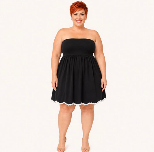 Plus Size Strapless Black Ruche Dress with a White Trim Flared Hem