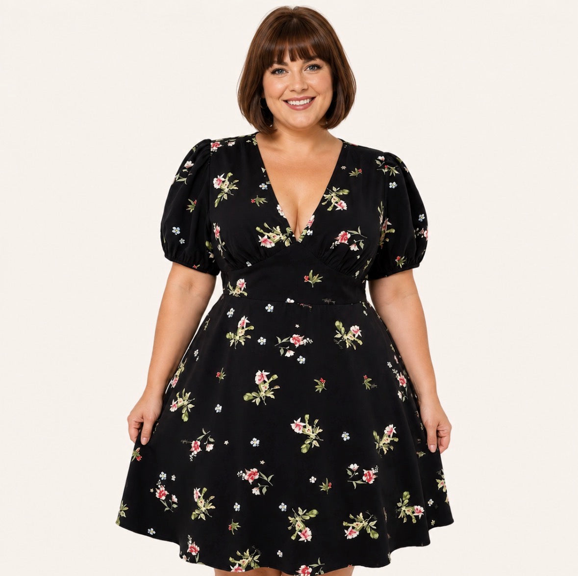 Plus Size Bohemian Style Black Floral Print Stretch Waist V-Neck Ruffle Hem with Puff Sleeve Mini Dress