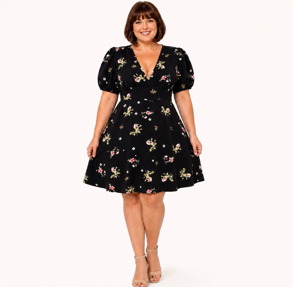 Plus Size Bohemian Style Black Floral Print Stretch Waist V-Neck Ruffle Hem with Puff Sleeve Mini Dress