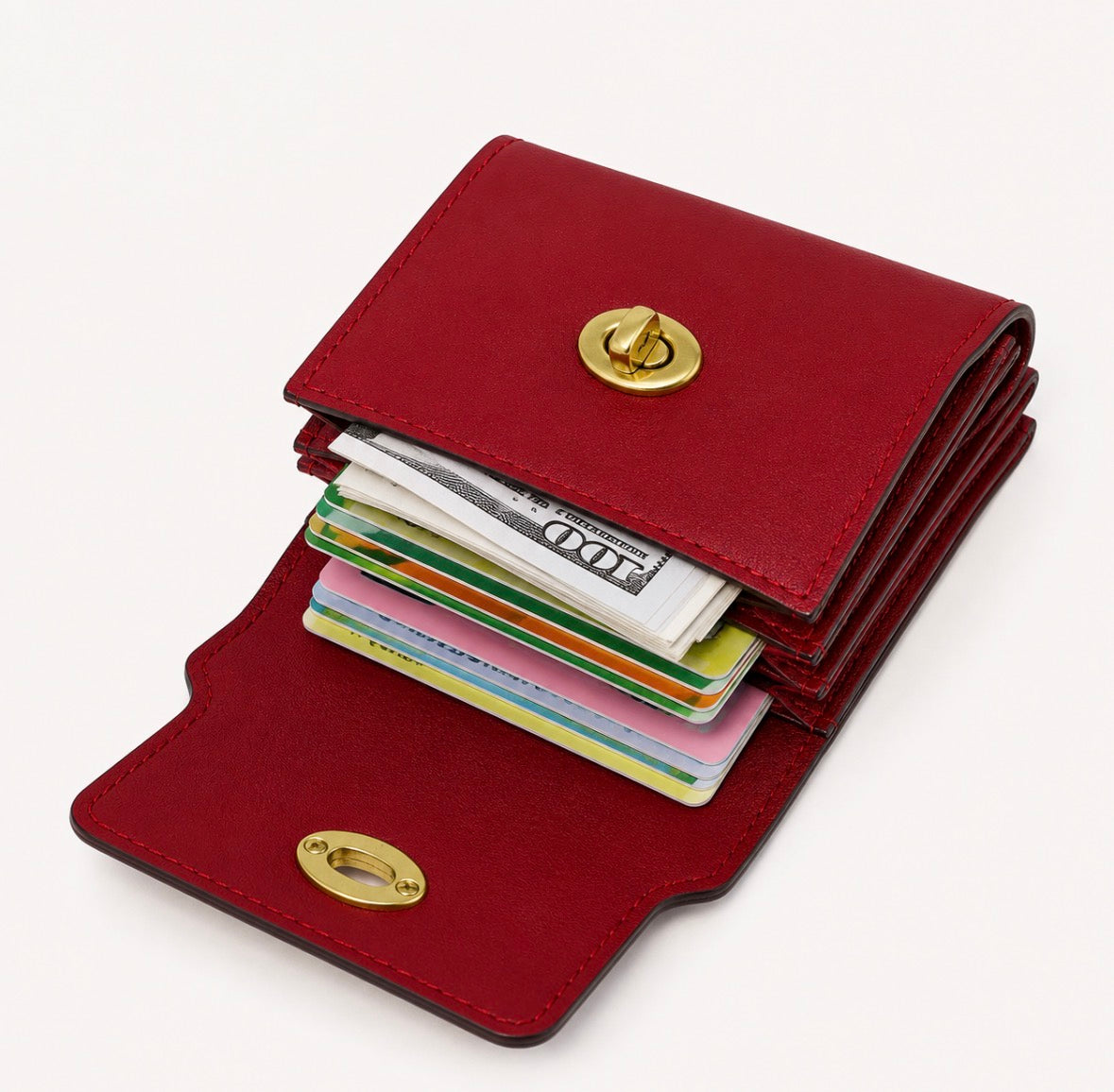 Faux-Leather Three Compact Wallet with Gold-Tone Twist Lock Closure