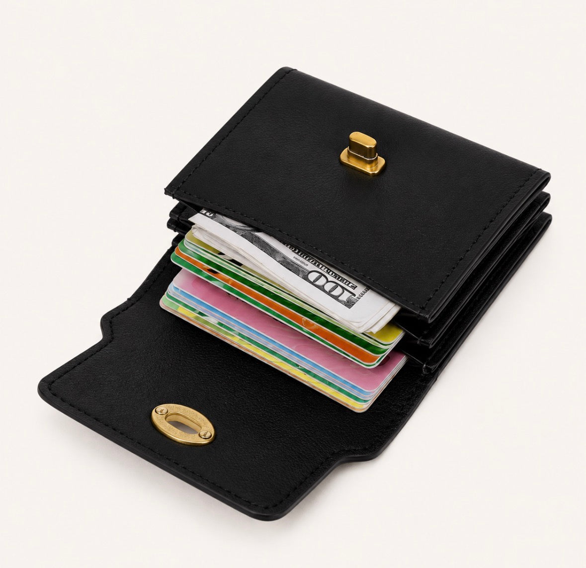 Faux-Leather Three Compact Wallet with Gold-Tone Twist Lock Closure