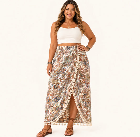 Plus Size Boho Paisley Wrap Skirts with Tassel Split Asymmetrical Maxi Skirt