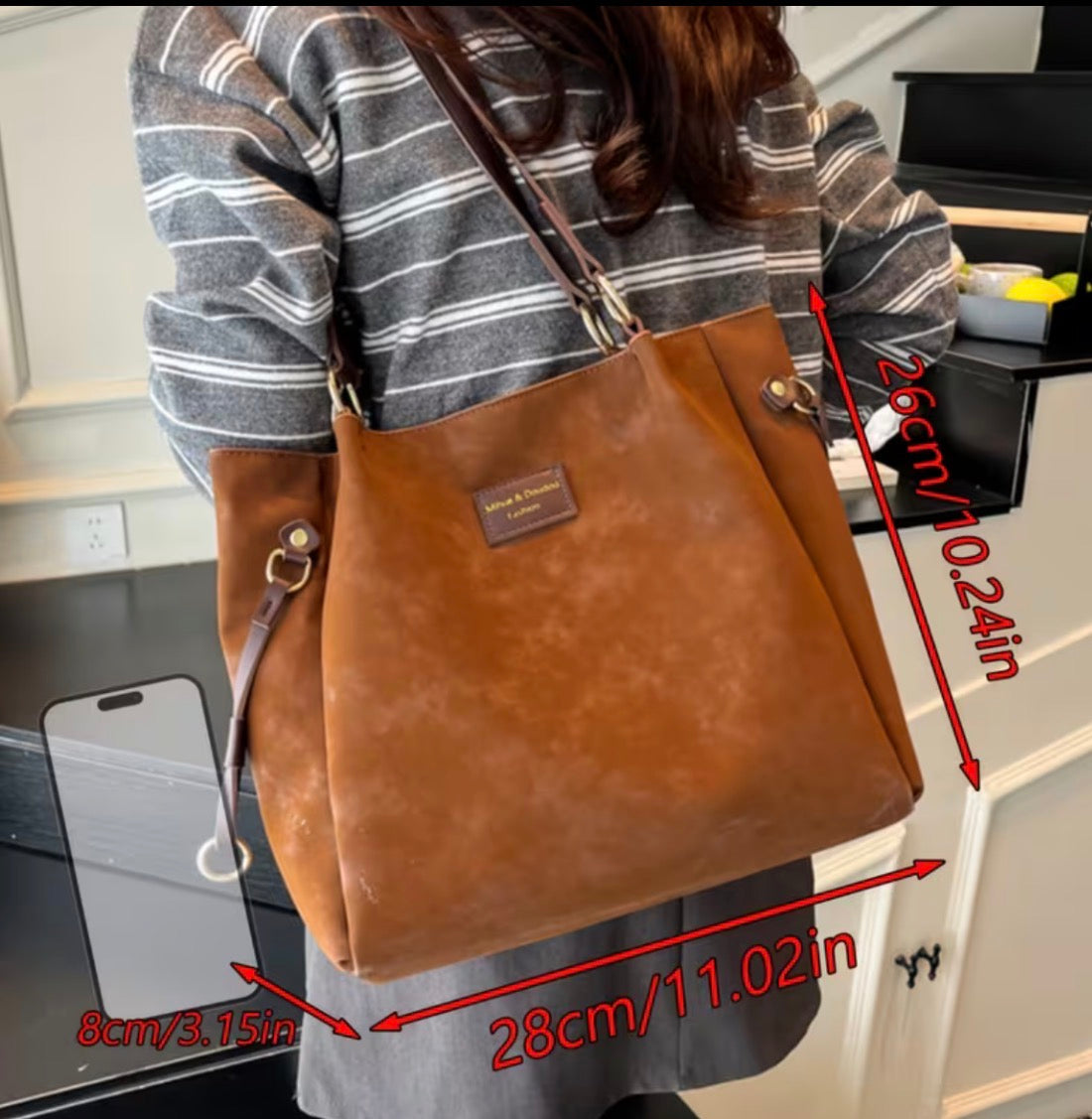 Large Faux Suede Tote Bag with Zipper Closure