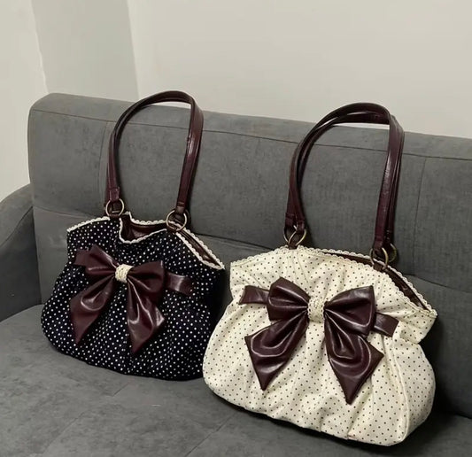 Vintage Bow and Polka Dot Handbag with Lace Trim
