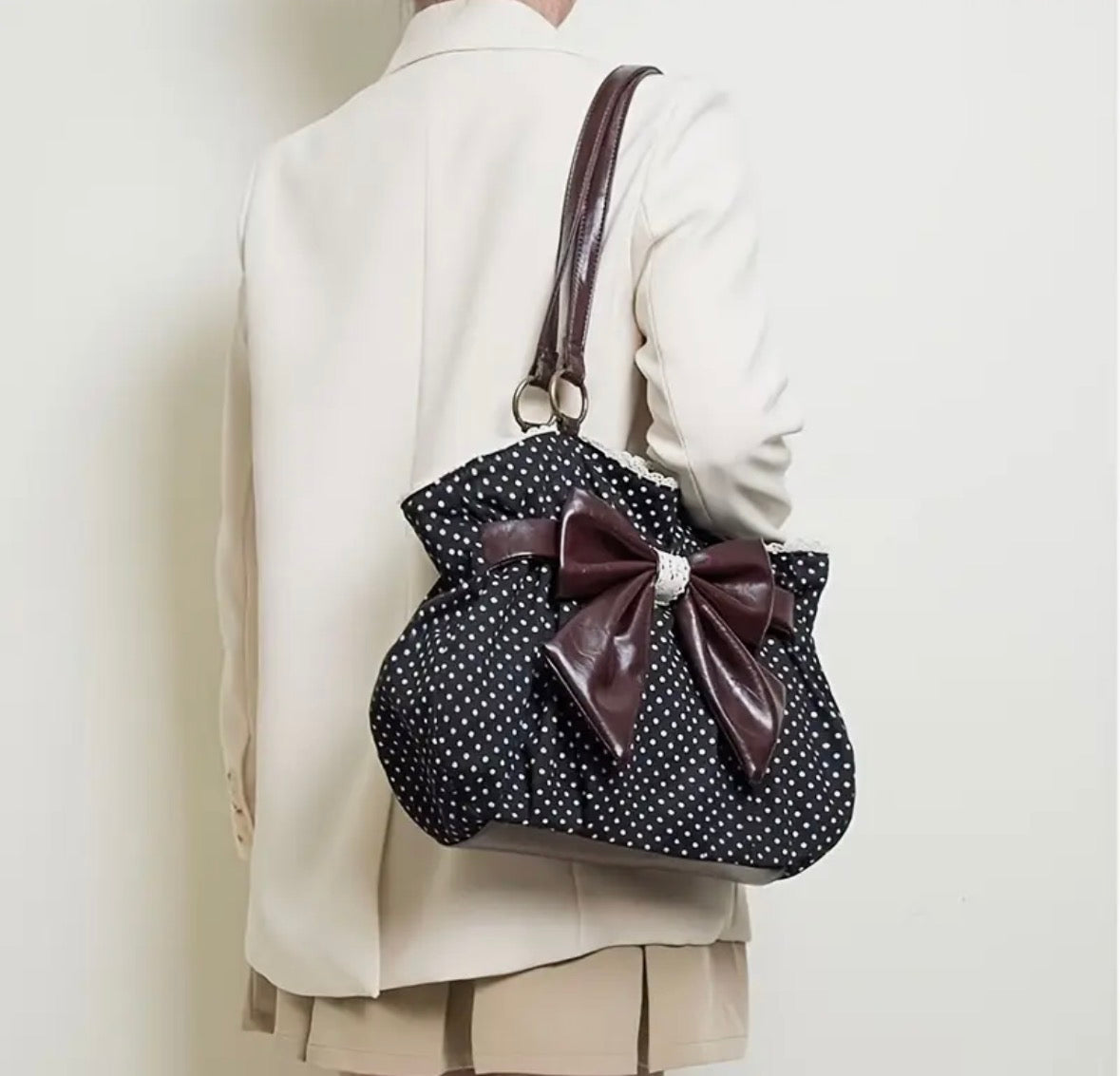 Vintage Bow and Polka Dot Handbag with Lace Trim