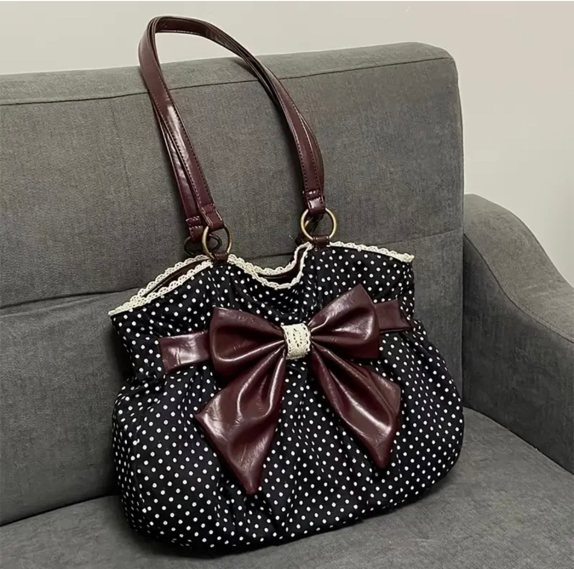 Vintage Bow and Polka Dot Handbag with Lace Trim