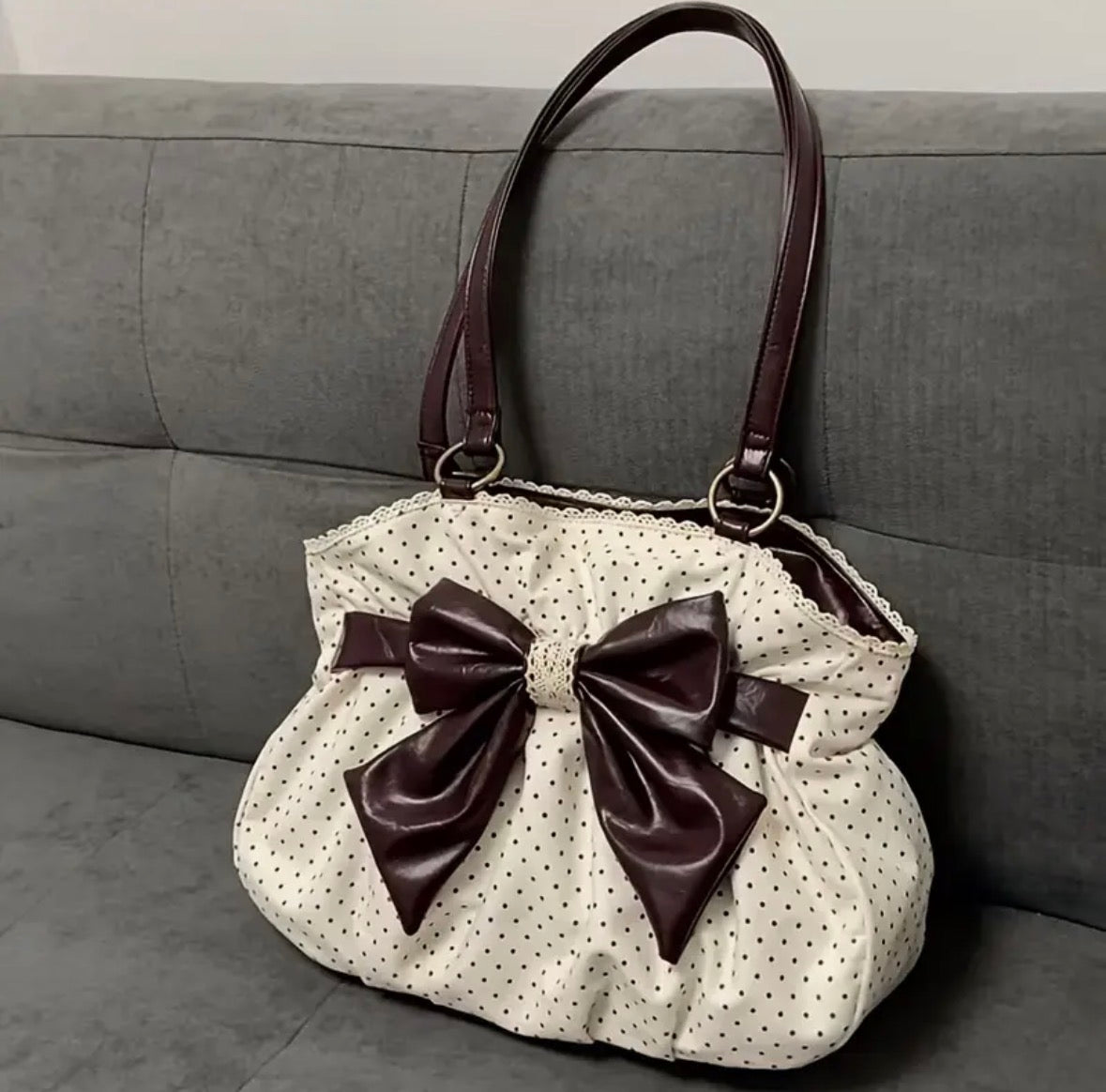 Vintage Bow and Polka Dot Handbag with Lace Trim