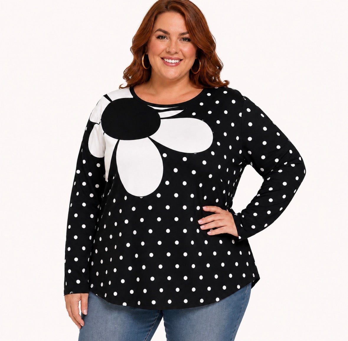 Plus Size Long Sleeve Floral And Polka Dot Print Round Neck Top