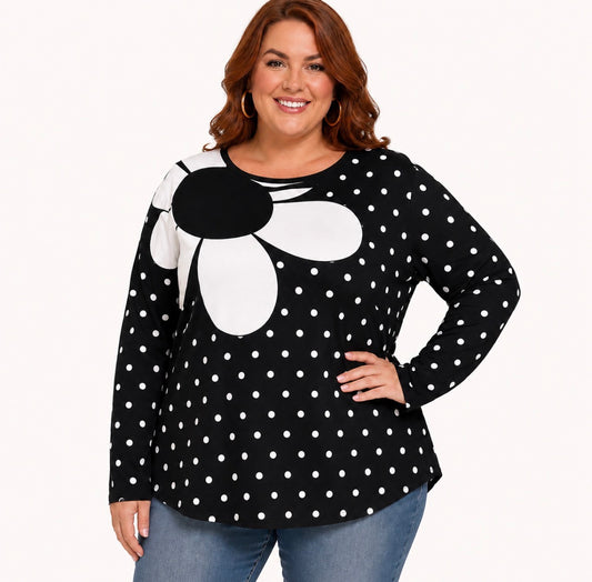 Plus Size Long Sleeve Floral And Polka Dot Print Round Neck Top