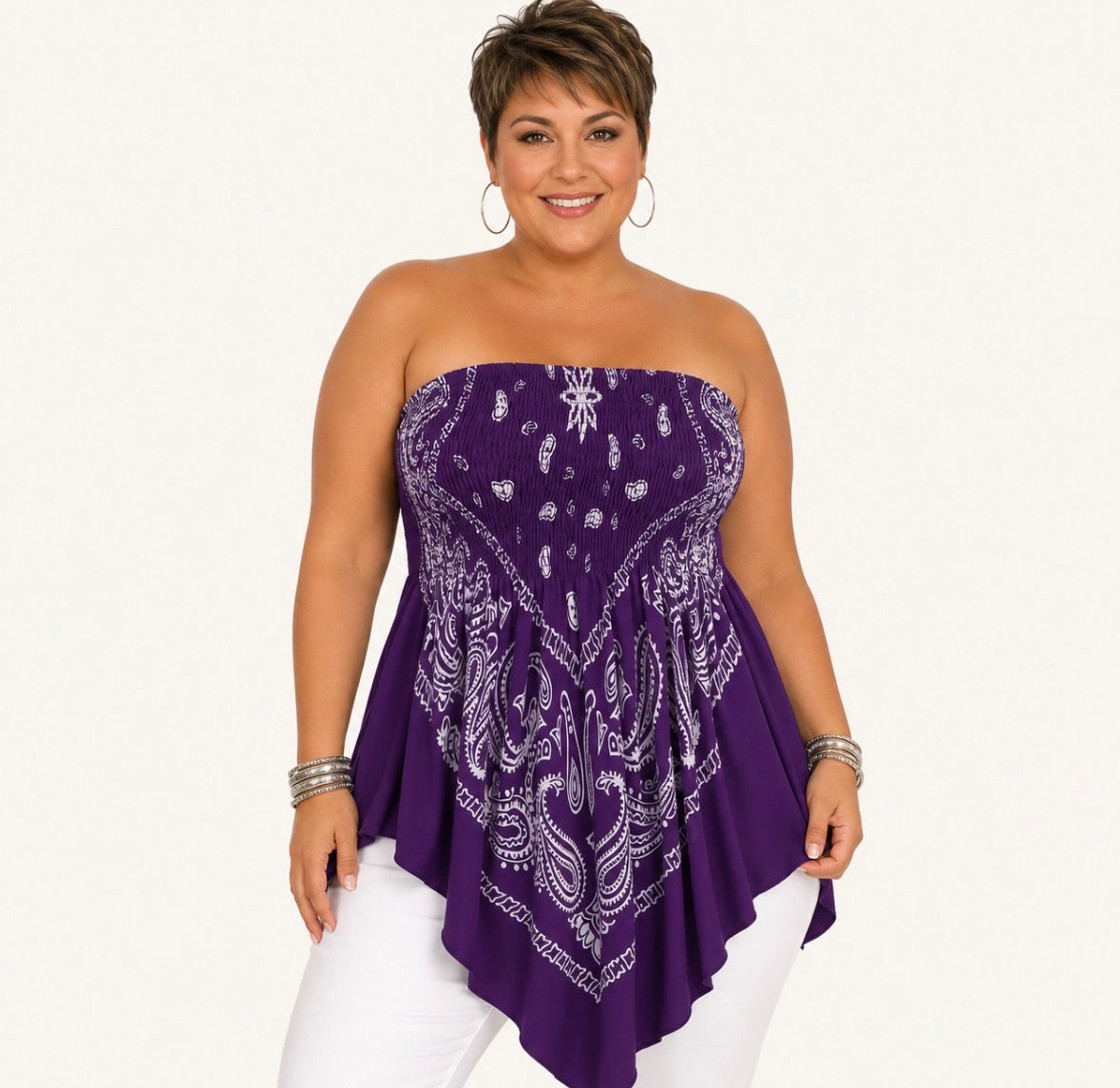 Plus Size Paisley Bandana-Style with a Stretchy Asymmetrical Hem and Waist-Cinching Bohemian Top