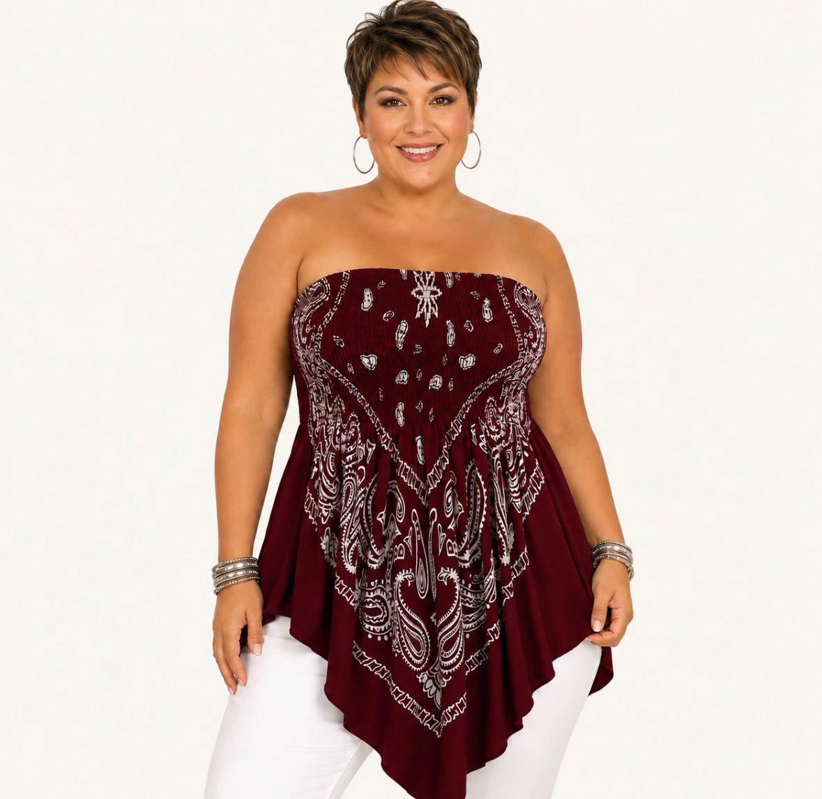 Plus Size Paisley Bandana-Style with a Stretchy Asymmetrical Hem and Waist-Cinching Bohemian Top
