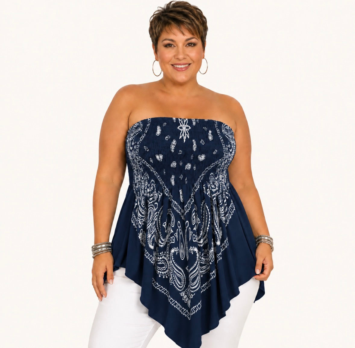 Plus Size Paisley Bandana-Style with a Stretchy Asymmetrical Hem and Waist-Cinching Bohemian Top