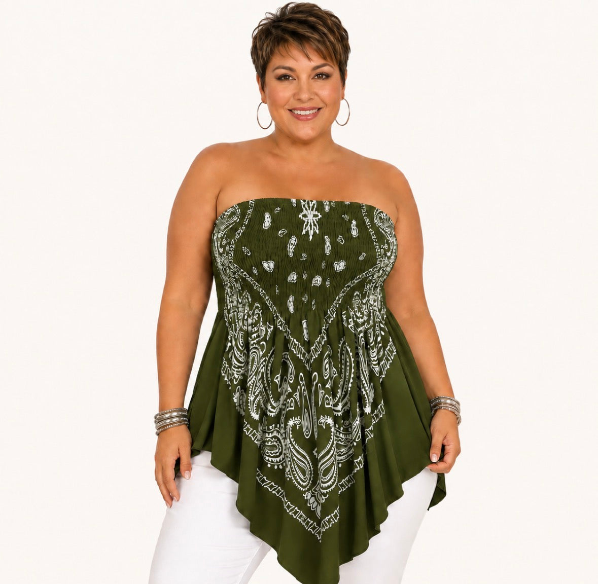 Plus Size Paisley Bandana-Style with a Stretchy Asymmetrical Hem and Waist-Cinching Bohemian Top