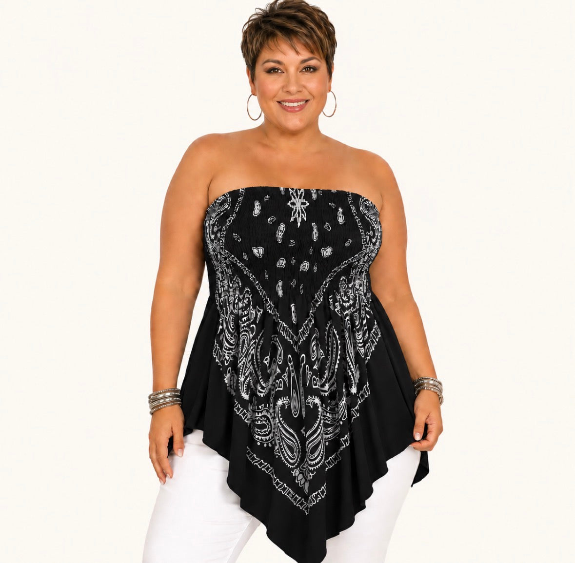 Plus Size Paisley Bandana-Style with a Stretchy Asymmetrical Hem and Waist-Cinching Bohemian Top