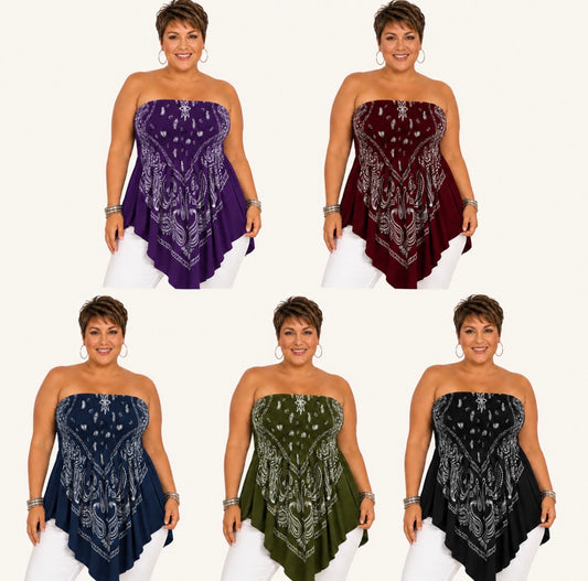 Plus Size Paisley Bandana-Style with a Stretchy Asymmetrical Hem and Waist-Cinching Bohemian Top