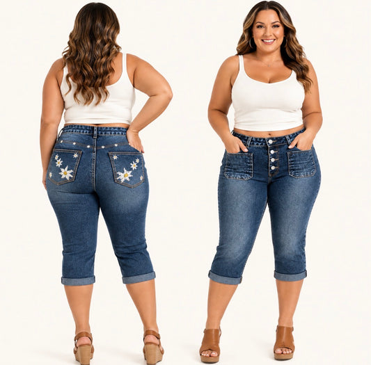 Plus Size High Waisted Denim Capri Jeans with Button Closure, Rolled Hem and Embroidered Pockets