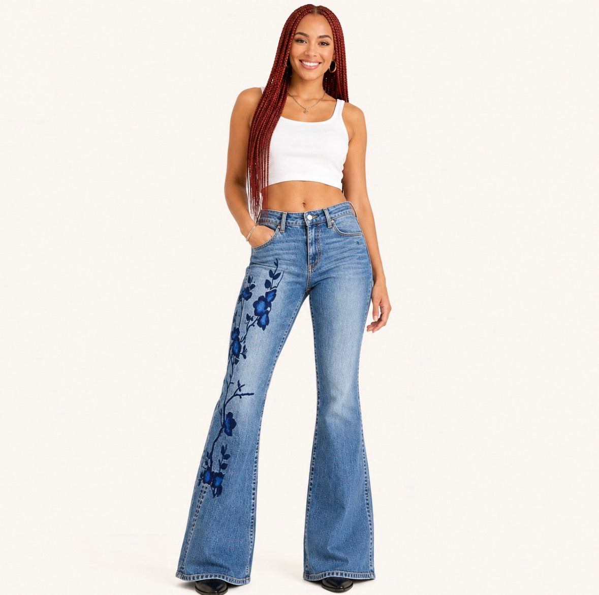 High Waist Vintage Bootcut&nbsp; Flare Jeans with Blue Floral Branch Embroidery Side
