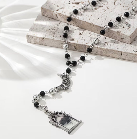 Y-Shaped Beaded Design with a Dark Gothic Star And Rose Motif Necklace