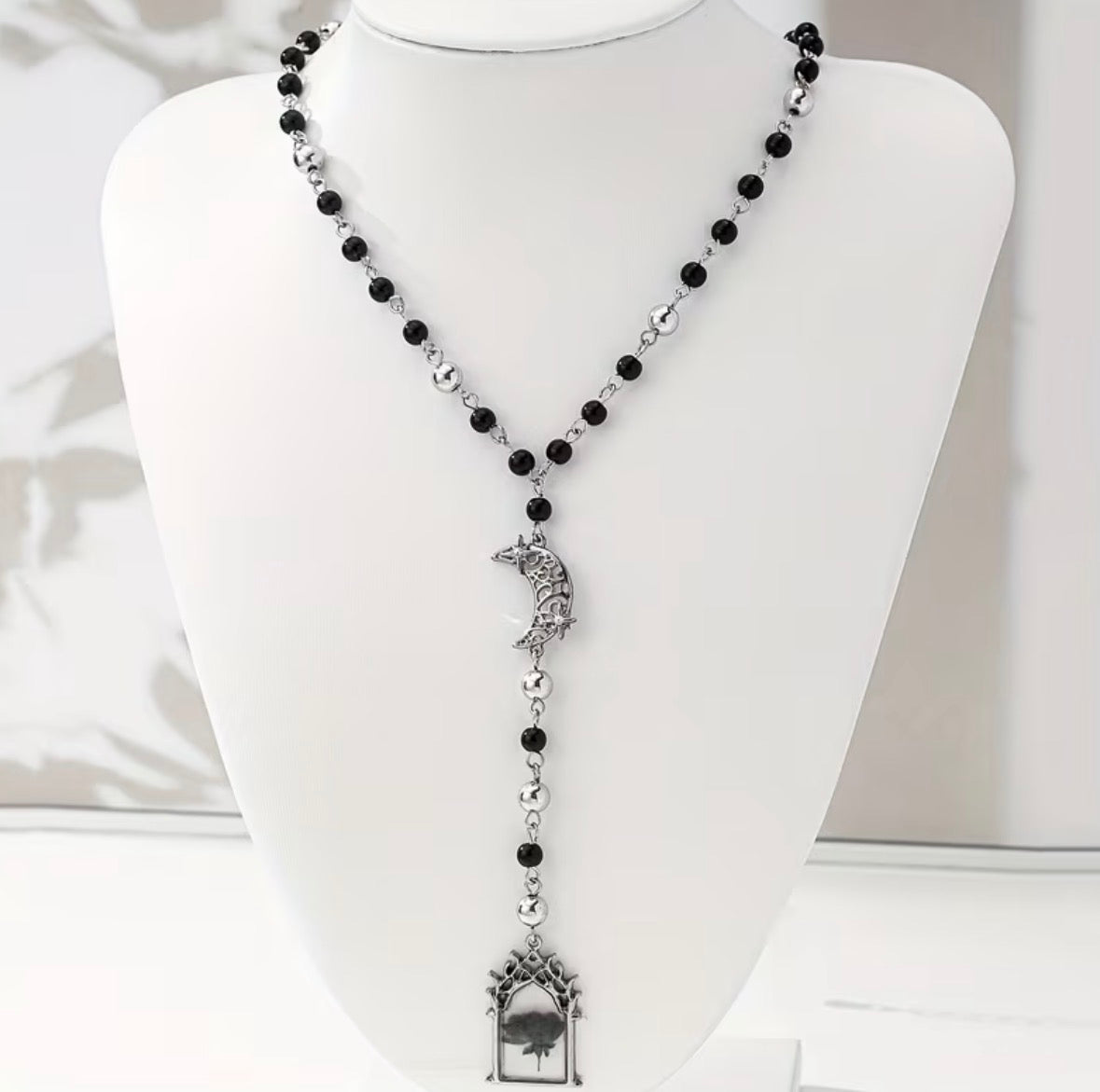 Y-Shaped Beaded Design with a Dark Gothic Star And Rose Motif Necklace