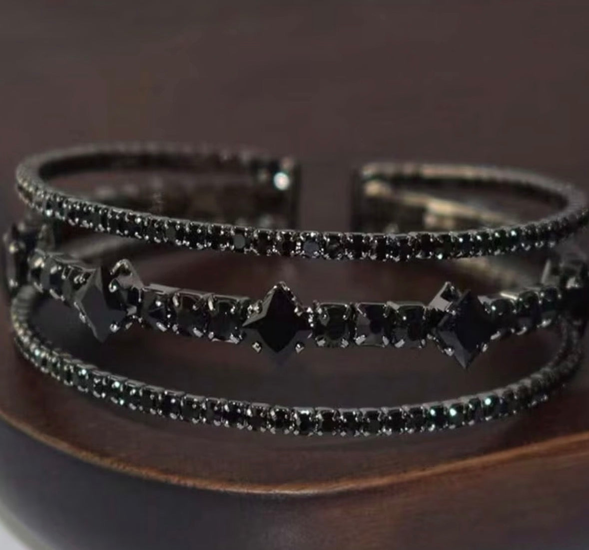 3-row Open Ended Synthetic Black Zirconia Bracelet