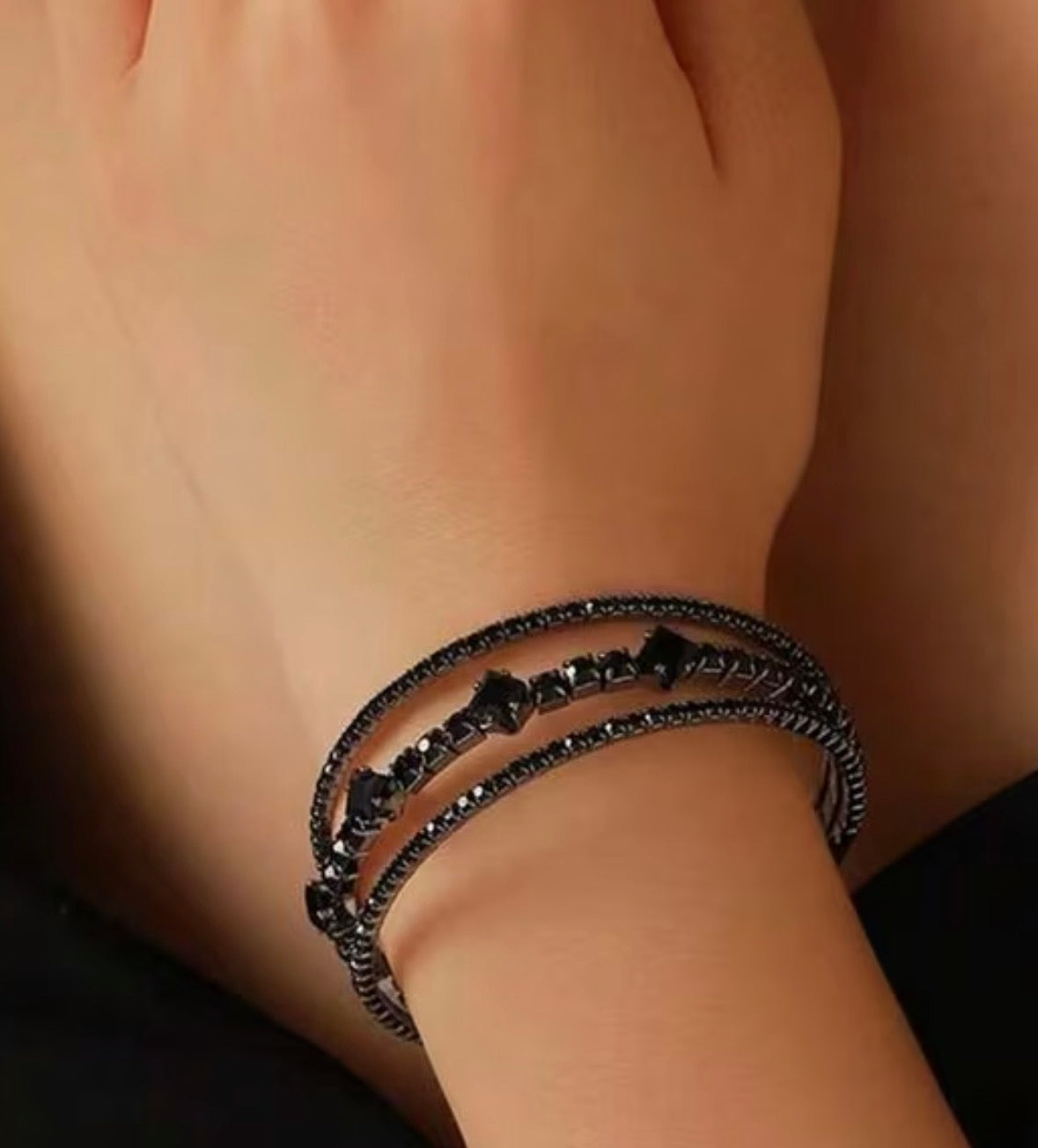 3-row Open Ended Synthetic Black Zirconia Bracelet