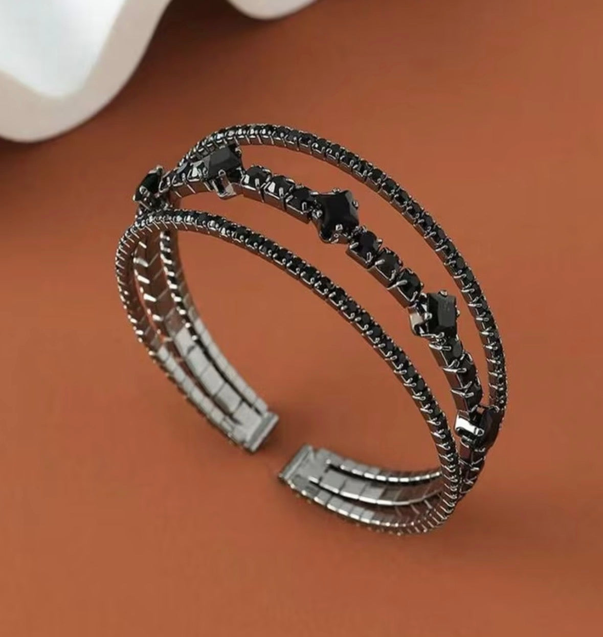 3-row Open Ended Synthetic Black Zirconia Bracelet