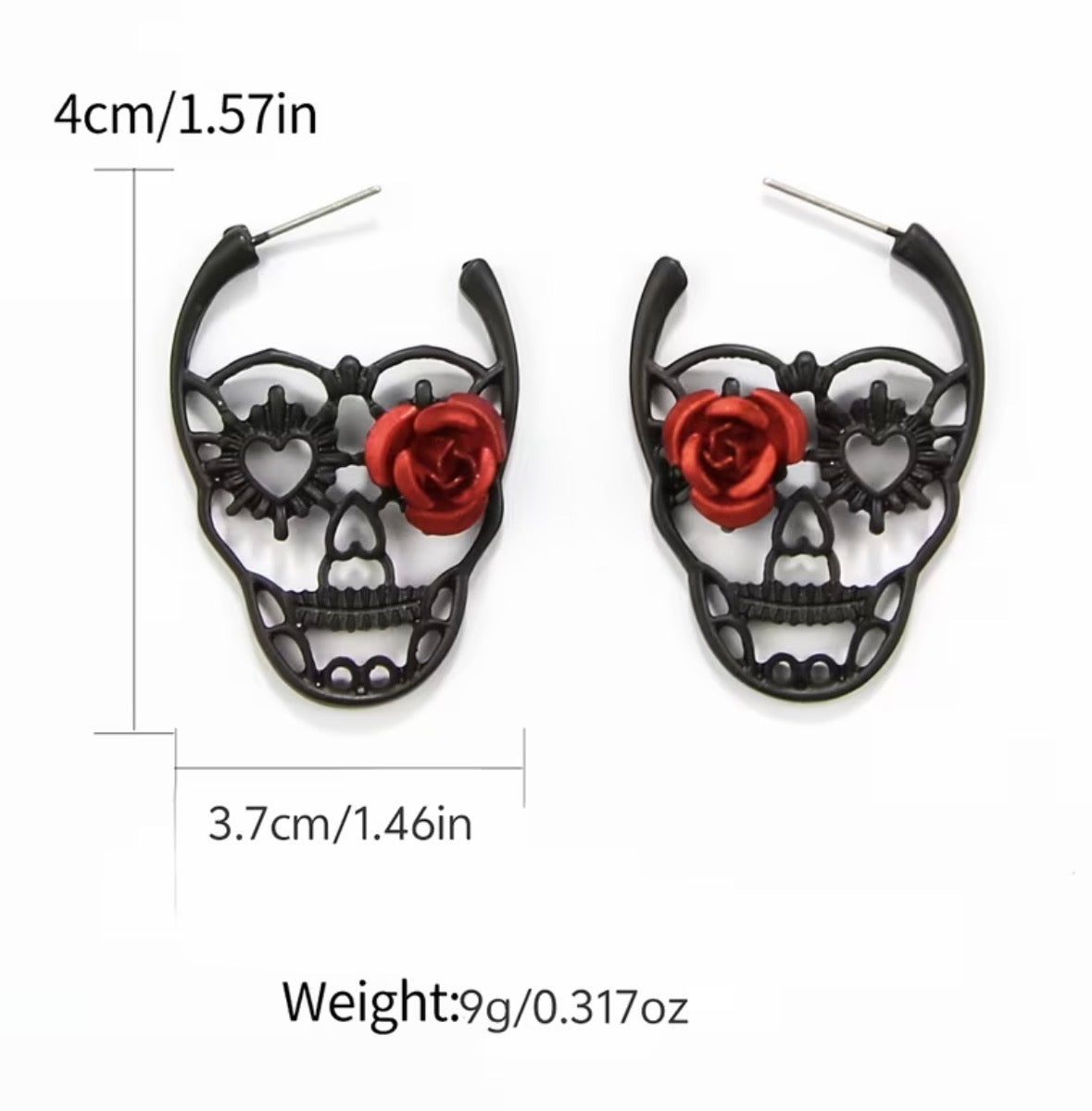 Black Gothic Skeleton with Rose Flower Drop Hoop Earrings