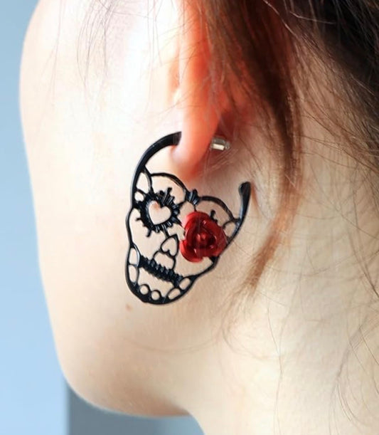 Black Gothic Skeleton with Rose Flower Drop Hoop Earrings