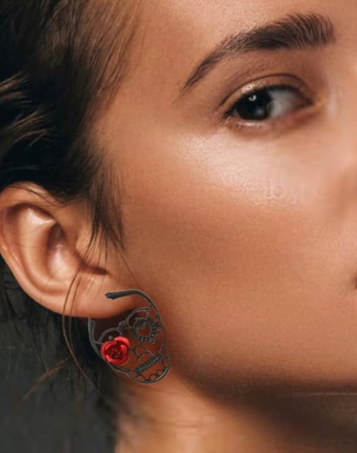 Black Gothic Skeleton with Rose Flower Drop Hoop Earrings